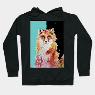 Fox Watercolor Painting on Black and Aqua Hoodie